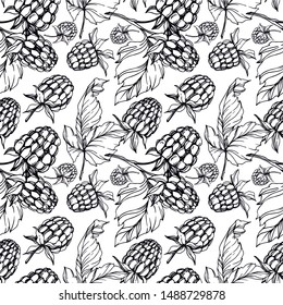 Vector Raspberry healthy food fresh berry isolated. Black and white engraved ink art. Seamless background pattern. Fabric wallpaper print texture.