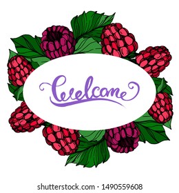 Vector Raspberry healthy food fresh berry isolated. Black and white engraved ink art. Frame border ornament square on white background.
