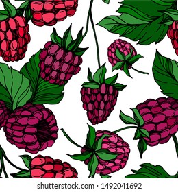 Vector Raspberry healthy food fresh berry isolated.engraved ink art. Seamless background pattern. Fabric wallpaper print texture.
