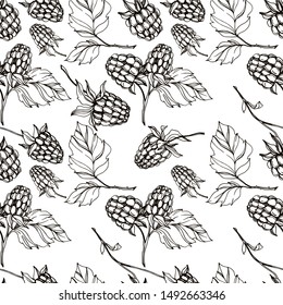 Vector Raspberry healthy food fresh berry isolated. Black and white engraved ink art. Seamless background pattern. Fabric wallpaper print texture.