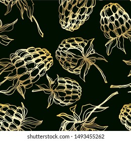 Vector Raspberry healthy food fresh berry isolated. Black and white engraved ink art. Seamless background pattern. Fabric wallpaper print texture.