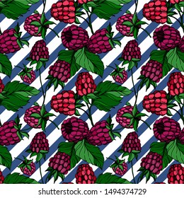 Vector Raspberry healthy food fresh berry isolated. Black and white engraved ink art. Seamless background pattern. Fabric wallpaper print texture.