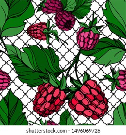 Vector Raspberry healthy food fresh berry isolated. Black and white engraved ink art. Seamless background pattern. Fabric wallpaper print texture.