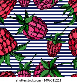 Vector Raspberry healthy food fresh berry isolated. Black and white engraved ink art. Seamless background pattern. Fabric wallpaper print texture.