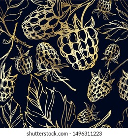 Vector Raspberry healthy food fresh berry isolated. Black and white engraved ink art. Seamless background pattern. Fabric wallpaper print texture.