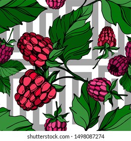 Vector Raspberry healthy food fresh berry isolated. Black and white engraved ink art. Seamless background pattern. Fabric wallpaper print texture.