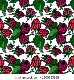 Vector Raspberry healthy food fresh berry isolated. Black and white engraved ink art. Seamless background pattern. Fabric wallpaper print texture.