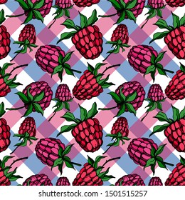 Vector Raspberry healthy food fresh berry isolated. Black and white engraved ink art. Seamless background pattern. Fabric wallpaper print texture.