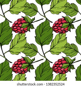 Vector Raspberry healthy food isolated. Red and green engraved ink art. Seamless background pattern. Fabric wallpaper print texture.
