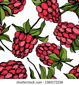 Vector Raspberry healthy food isolated. Red and green engraved ink art. Seamless background pattern. Fabric wallpaper print texture.