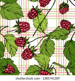 Vector Raspberry healthy food isolated. Red and green engraved ink art. Seamless background pattern. Fabric wallpaper print texture.