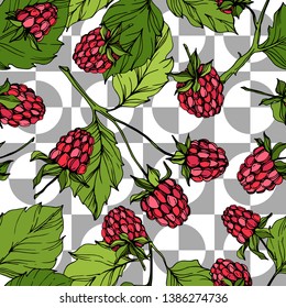 Vector Raspberry healthy food isolated. Red and green engraved ink art. Seamless background pattern. Fabric wallpaper print texture.