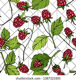 Vector Raspberry healthy food isolated. Red and green engraved ink art. Seamless background pattern. Fabric wallpaper print texture.