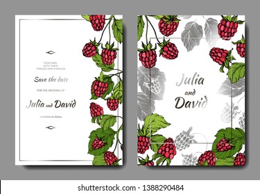 Vector Raspberry healthy food isolated. Red and green engraved ink art. Wedding background card floral decorative border. Thank you, rsvp, invitation elegant card illustration graphic set banner.