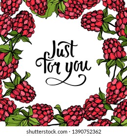 Vector Raspberry healthy food isolated. Red and green engraved ink art. Frame border ornament square on white background.