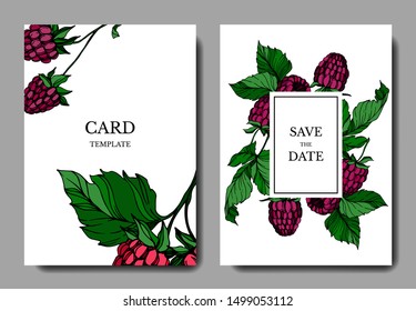 Vector Raspberry healthy food isolated. Black and white engraved ink art. Wedding background card decorative border. Thank you, rsvp, invitation elegant card illustration graphic set banner.