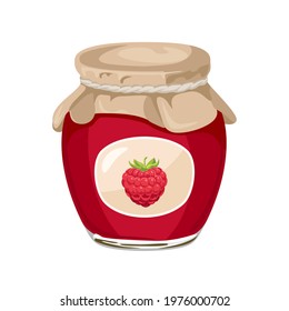 Vector Raspberry jam in glass jar flat illustration. Homemade red berry confiture cartoon icon.