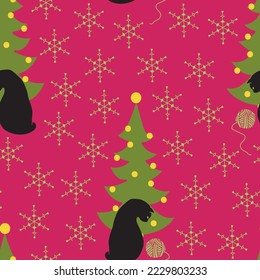 Vector raspberry red Gifted Skein seamless pattern. Black cats studying a skein of wool under a christmas tree. Part of Cat's Christmas collection.