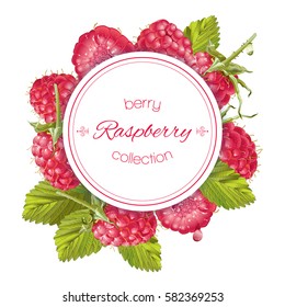 Vector raspberry round banner. Design for sweets and pastries filled with berry, dessert menu,natural cosmetics, health care products. With place for text