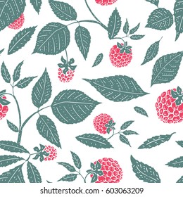 vector raspberry seamless pattern. background, pattern, fabric design, wrapping paper, cover. Vintage hand drawn illustration