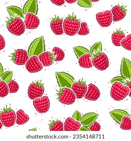 Vector Raspberry Seamless Pattern, repeat background with cut out illustration of raspberries still life composition with green leaves for wrapping paper, collection of flat lay ripe raspberry fruits