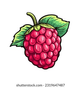 Vector raspberry sticker isolated on white. Cartoon flat style. illustration Red yammi berry with green leaves Healthy diet vegetarian eco food. Decoration for packaging, menu etc
