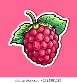 Vector raspberry sticker isolated on white. Cartoon flat style. illustration Red yammi berry with green leaves Healthy diet vegetarian eco food. Decoration for packaging, menu etc