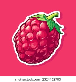 Pegatina de frambuesa vectora aislada en blanco. Caricatura de estilo plano. ilustración Yammi berry con hojas verdes Alimentación vegetariana saludable. Decoración de empaque, menú, etc.