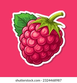 Vector raspberry sticker isolated on white. Cartoon flat style. illustration Red yammi berry with green leaves Healthy diet vegetarian eco food. Decoration for packaging, menu etc