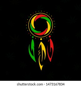Vector Rastafarian dreamcatcher. Ethnic hoop with a three hanging feathers. Black seamless background with invisible cannabis leaves. Hypnotic charm, icon, logo, stamp, tattoo and print for T-shirts