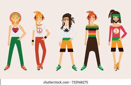 Vector rastafarian man character. Spare body parts in various clothes, different emotions set, rasta dreadlocks of different hairstyle. Creation male character collection