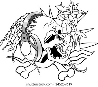 Vector of Rastafarian skull in headphones with palm trees in the background / Printing on T-shirt