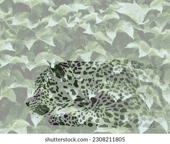 vector raster illustration of leaves and a lying, hidden leopard