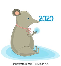 Vector rat with 2020 on the nose and a snowball in hands on white background. Chinese zodiac sign, horoscope. Happy New Year of the Rat 2020. Cute illustration. New Year card.