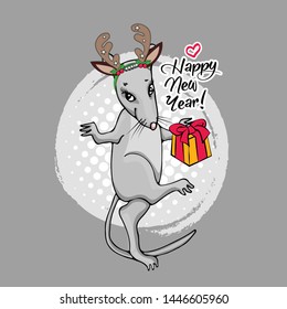 Vector rat with christmas horns. Hand drawn illustration of gray mouse with present. Happy New Year.