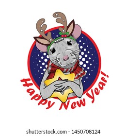 Vector rat with christmas horns. Hand drawn illustration of gray mouse with gold star. Happy New Year.