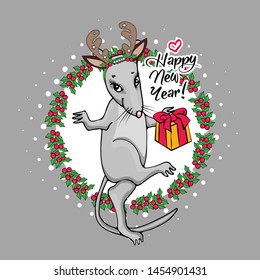 Vector rat with christmas horns. Hand drawn illustration of dressed mouse with present. Happy New Year. 
