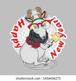 Vector rat with christmas horns, red glasses and scarf. Hand drawn illustration of dressed mouse with christmas star. Happy New Year.