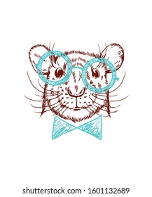 Vector rat funny image in glasses and bow.
