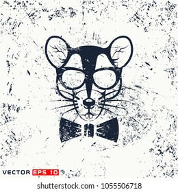 Vector rat head, hipster face  on grunge background