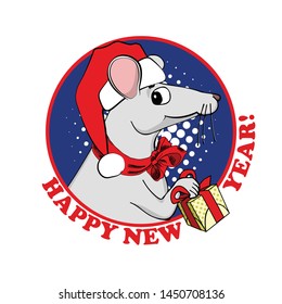 Vector rat with red cap and present. Hand drawn illustration of dressed mouse. Happy New Year.