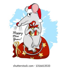 Vector rat - santa claus in a red cap. Hand drawn illustration of dressed mouse with presents. Pretty rat on the gift bag. Happy New Year.