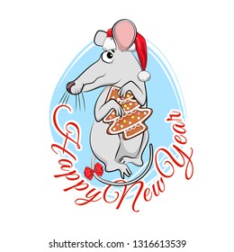 Vector rat - santa claus in a red cap and  Christmas gingerbread. Hand drawn illustration of dressed mouse with red bow. Happy New Year.