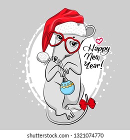 Vector rat - santa claus in a red cap. Hand drawn illustration of dressed mouse with blue christmas ball, bow and red glasses. Happy New Year.