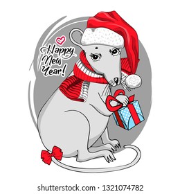Vector rat - santa claus in a red cap. Hand drawn illustration of dressed mouse with blue present and scarf. Happy New Year.