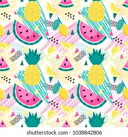 Vector ratro pattern with tropical fruits and geometric shapes. Bright seamless background in the 90s style