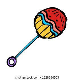 Vector rattle toy flat illustration. Baby, infant colored plastic toy drawing isolated on a white background. Children education, growth and development concept. Doodle grunge hand-drawn style.