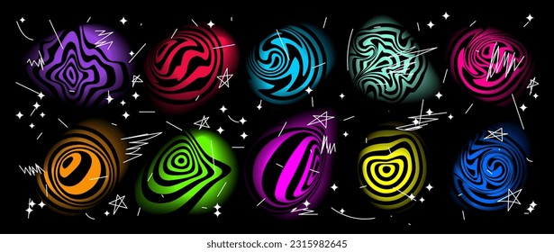 Vector rave acid trippy abstract psychedelic collage. Bright shiny cosmic banner. Y2k neon striped distorted design elements. Abstract cosmos planets aura gradients pack