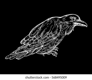 Vector raven, crow. White and black, isolated on a dark background. Alone.  
Printing on textiles.