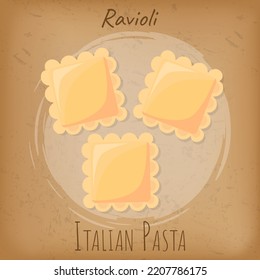 Vector ravioli icon, group of ravioli, illustration for food blog or menu design, Italian cuisine. Traditional Italian dish. Pasta. Classic agnolotti. Tortelli. Square dough products with filling